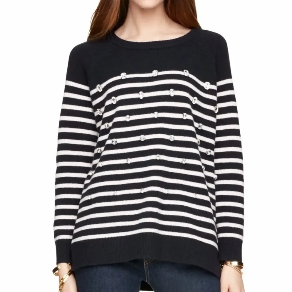 Kate Spade Embellished Striped Wool Navy Sweater M